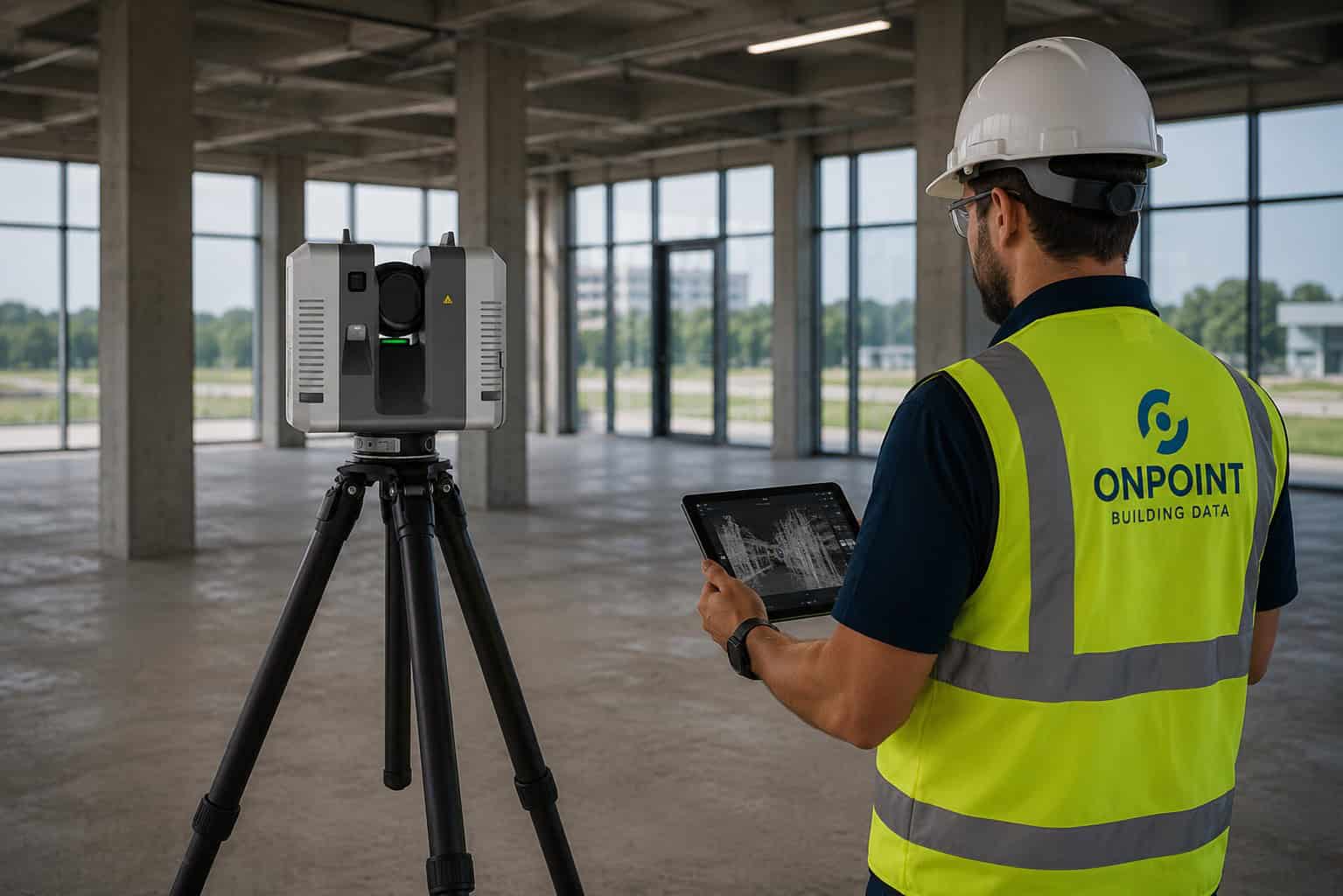 Construction worker using 3D laser scanner at building site.