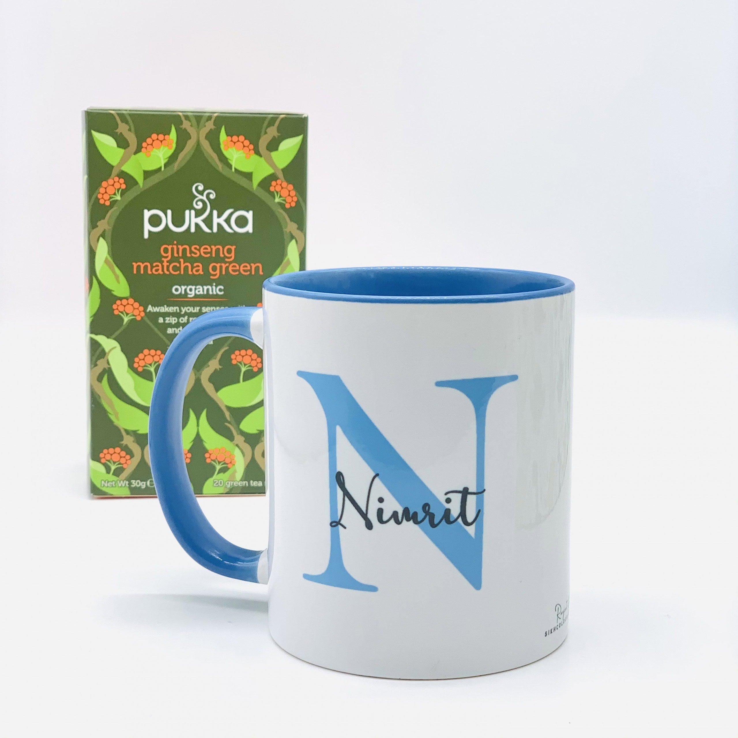 White Personalised Punjabi Mug with Blue Handle and Green Tea