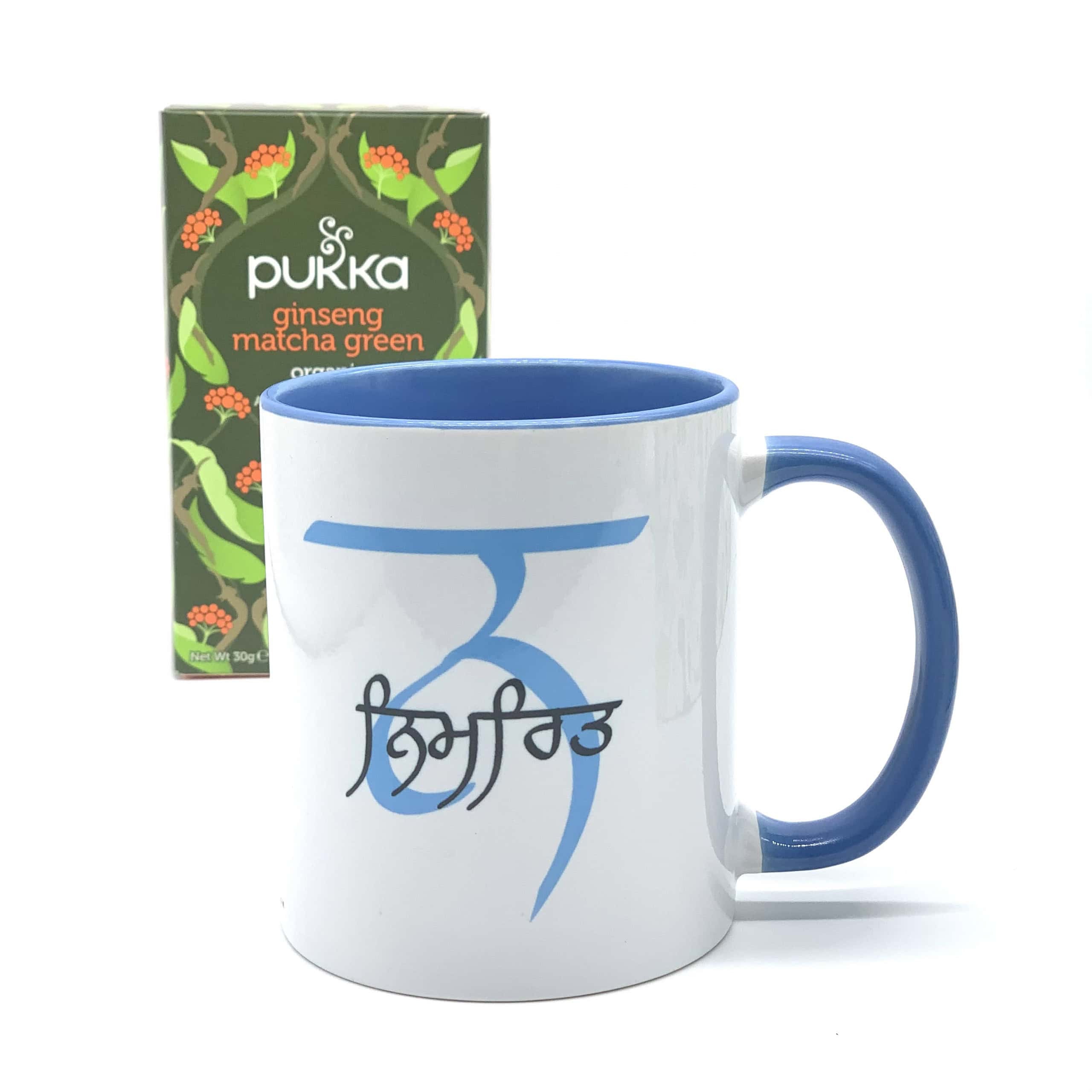 White Personalised Punjabi Mug with Blue Handle and box of green tea