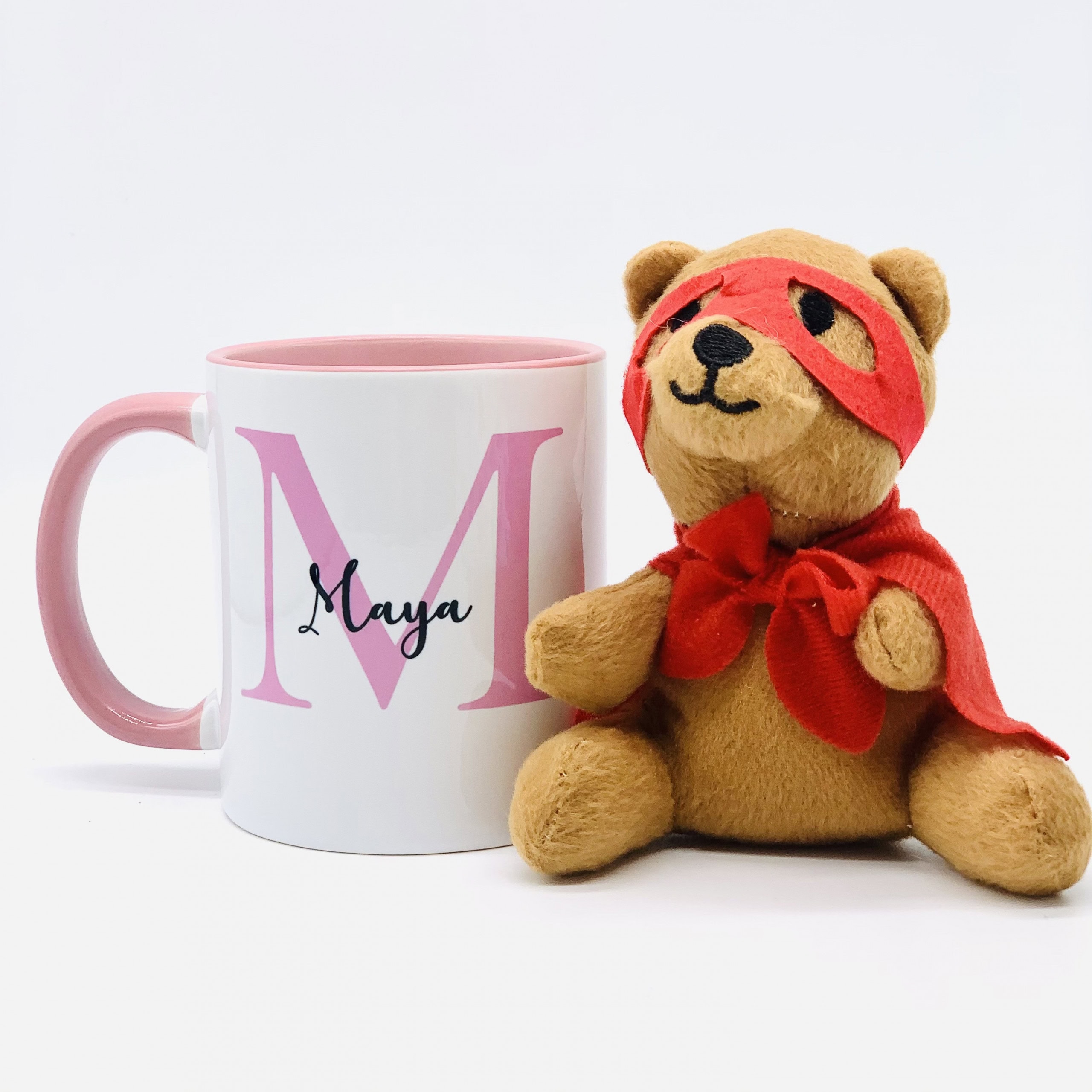 White Personalised Punjabi Mug with Pink Handle and Teddy Bear