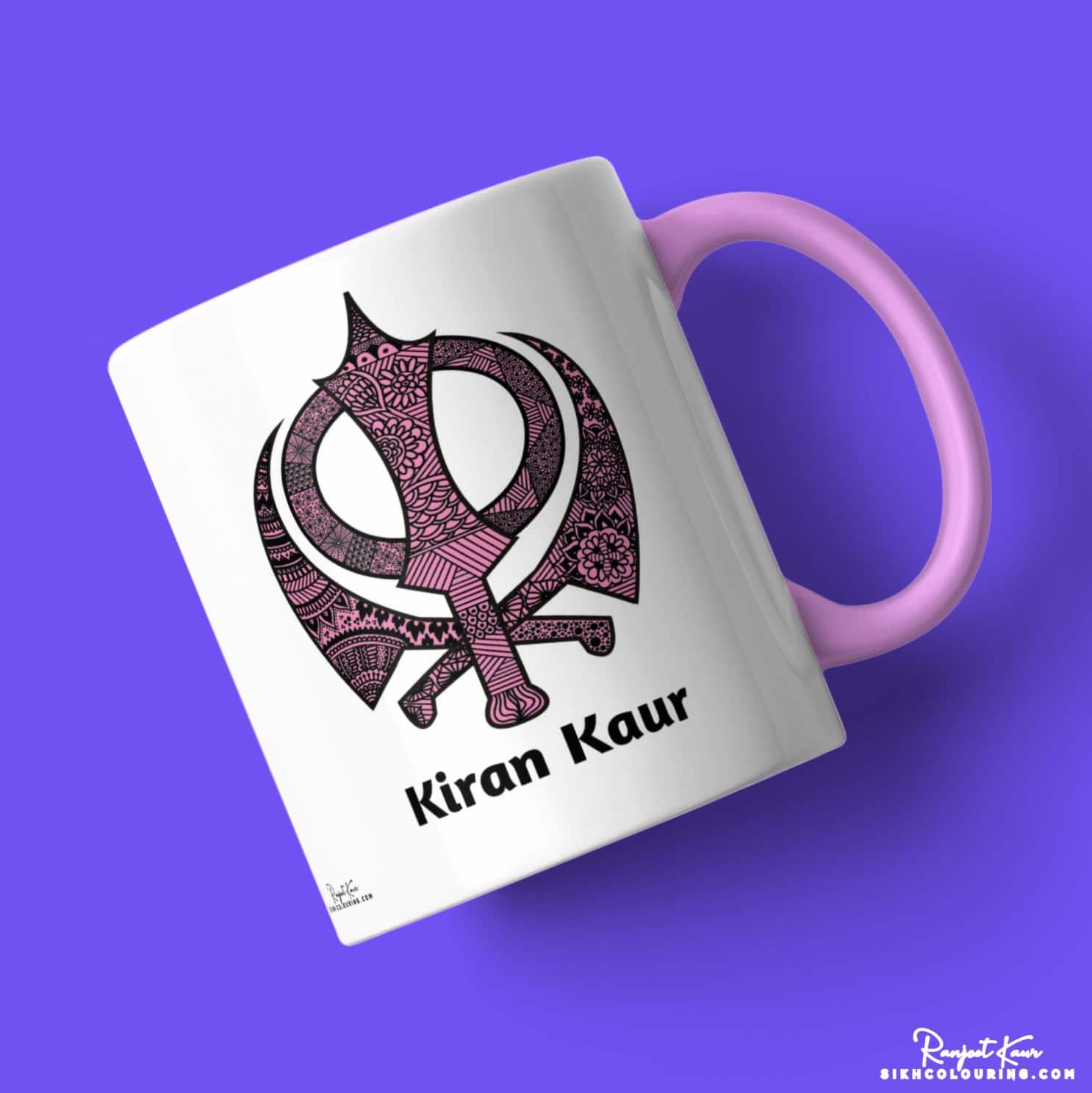 Mug with pink handle and pink khanda