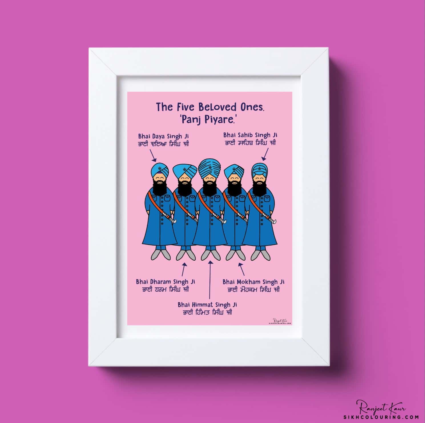 A frame with panj pyare names and their illustrations with a pink background