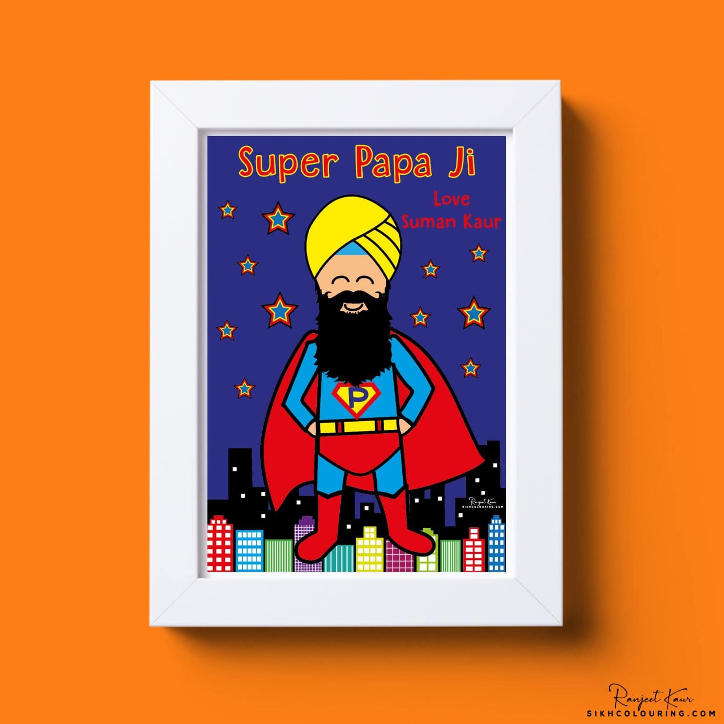 Framed art image of a sikh superhero with text saying super papa ji