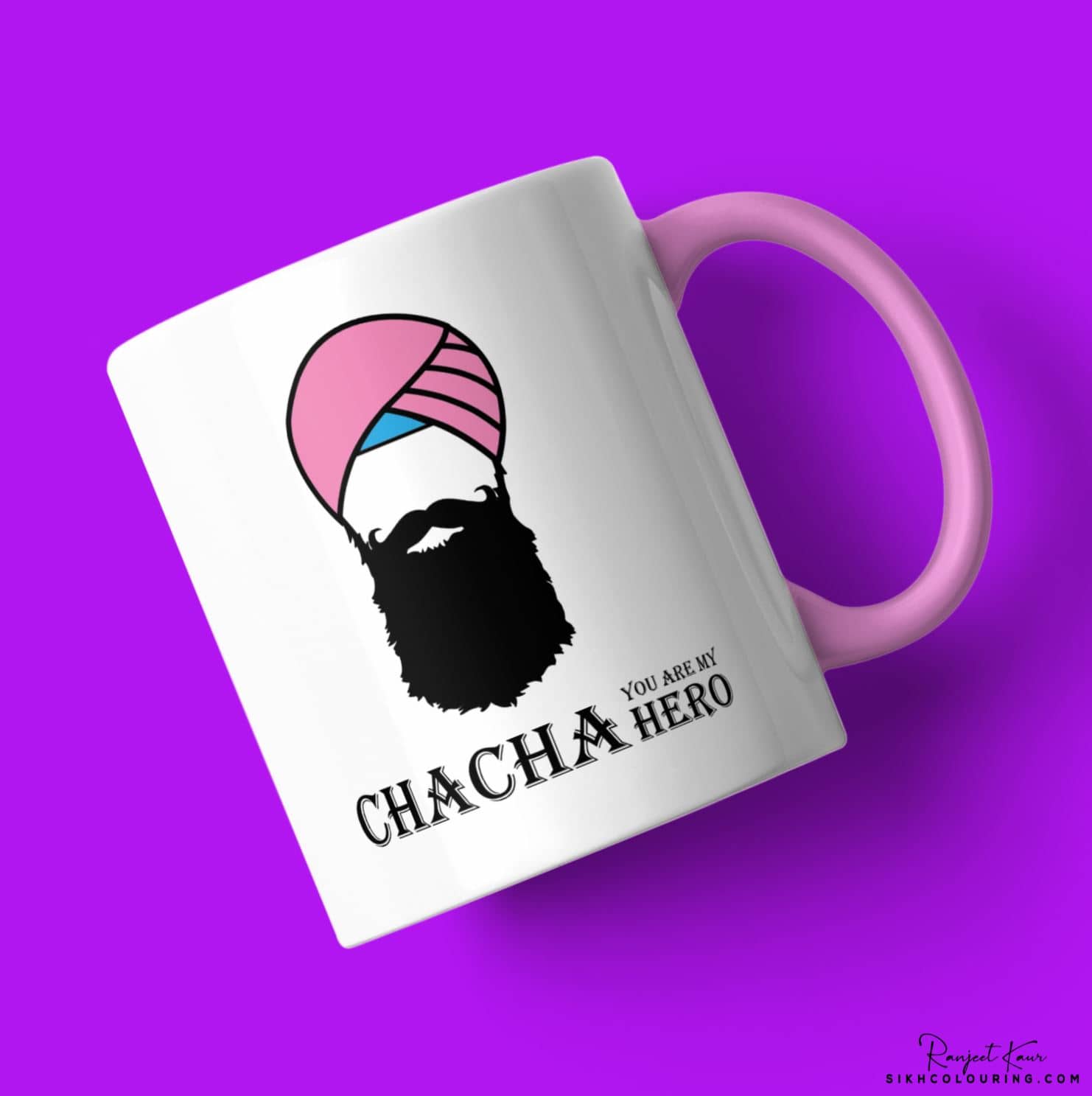 mug with pink handle and turbaned man with statement saying Chacha you are my hero