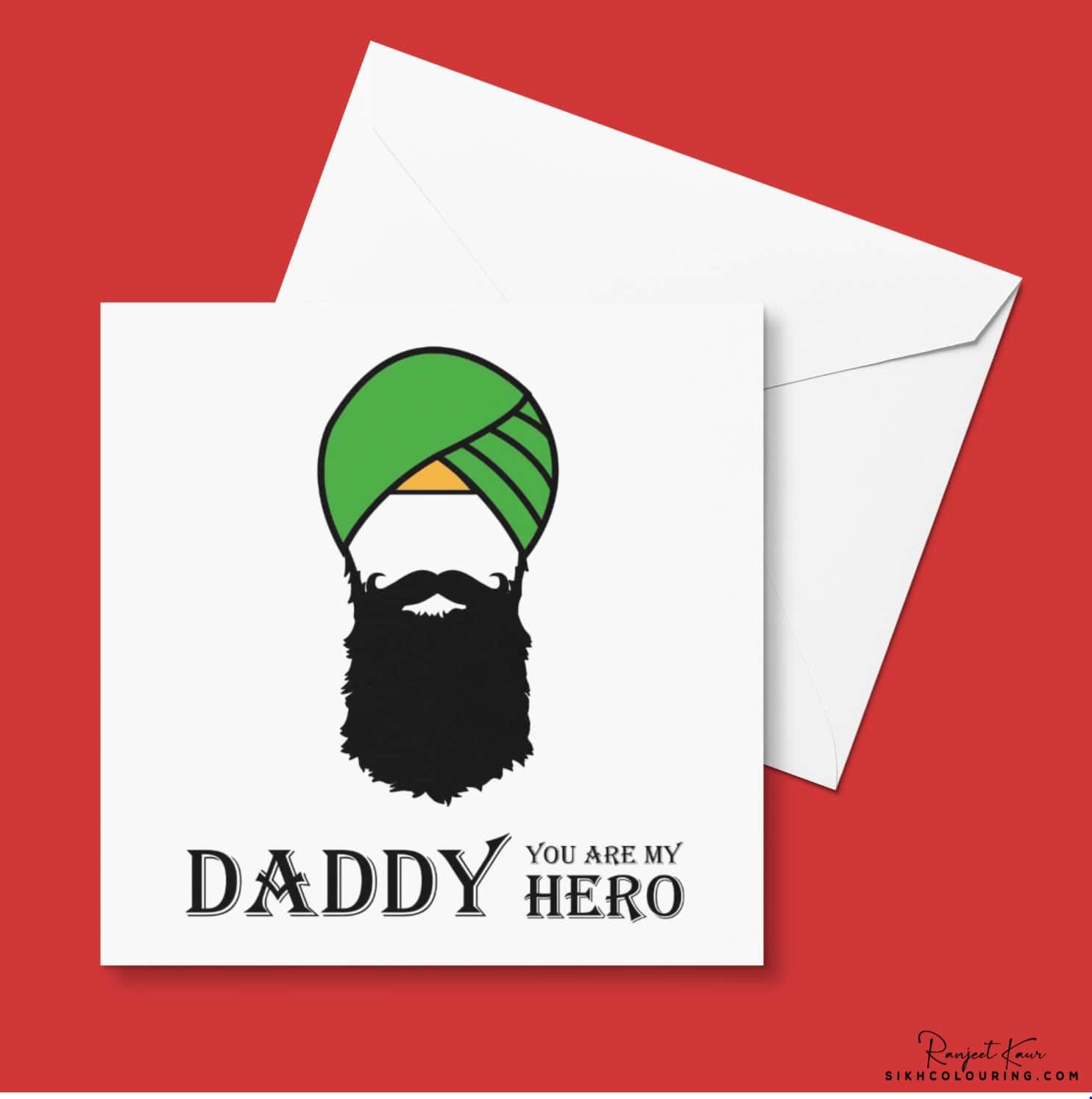 greeting card with illustration of sikh man with green turban