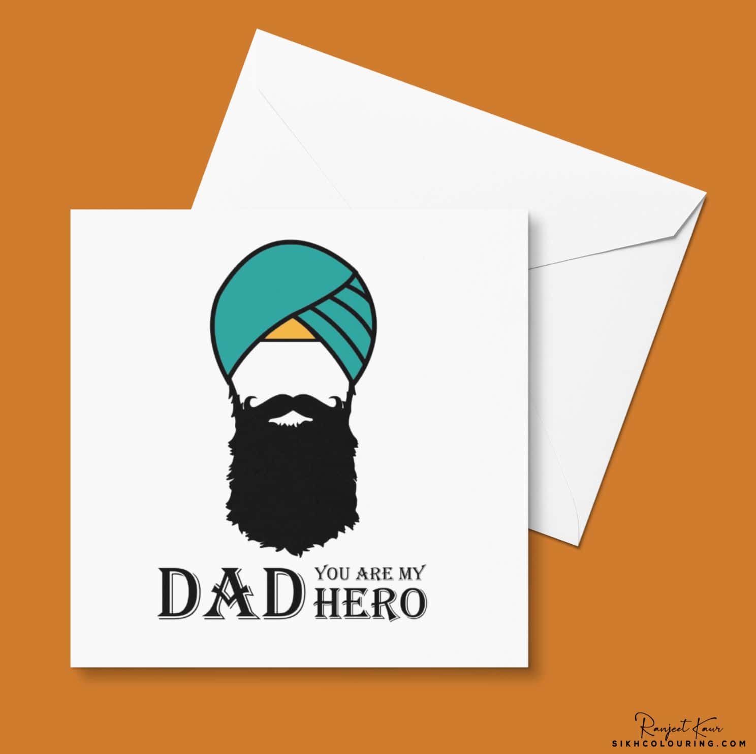 greeting card with illustration of sikh man with teal turban