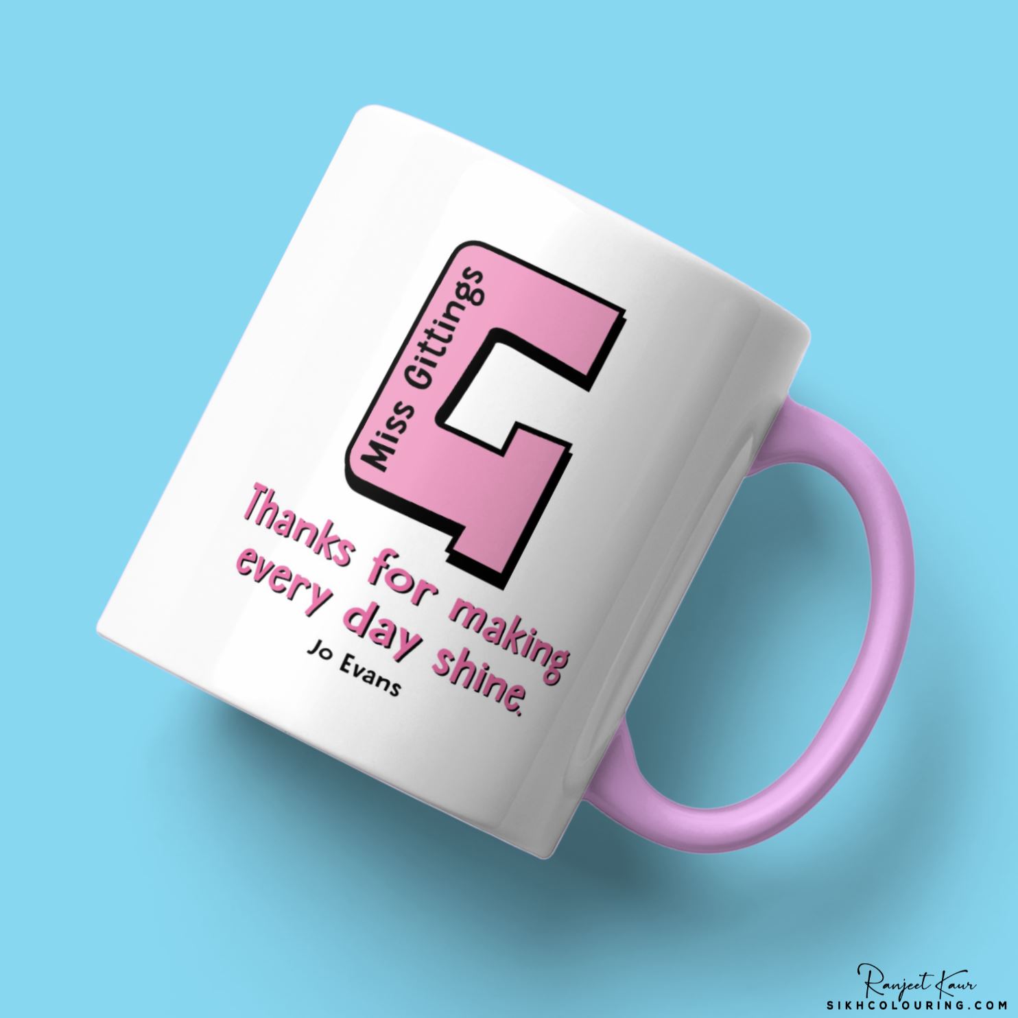 A personalised light pink mug for teachers