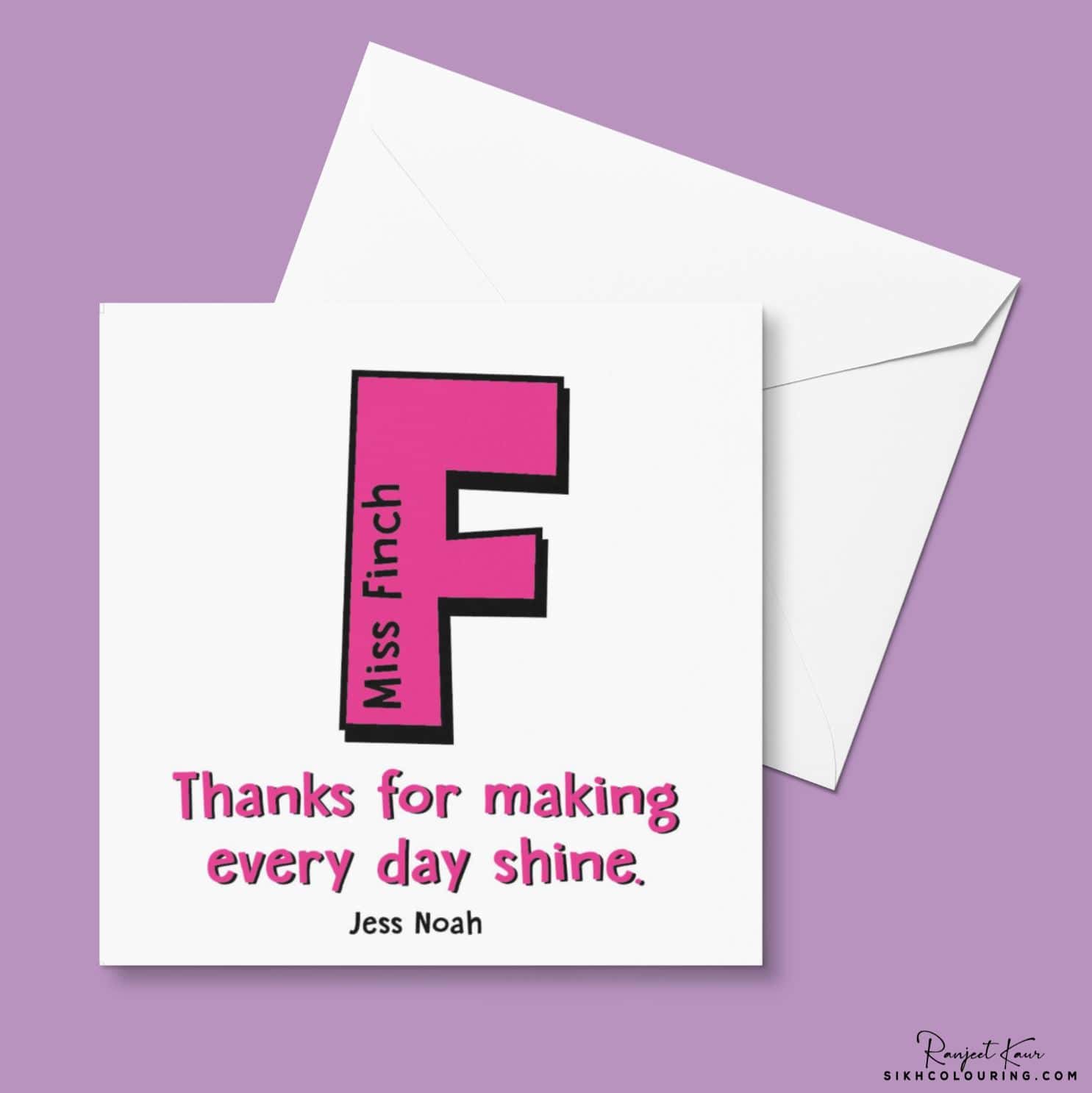 a pink card to say thank you to teachers