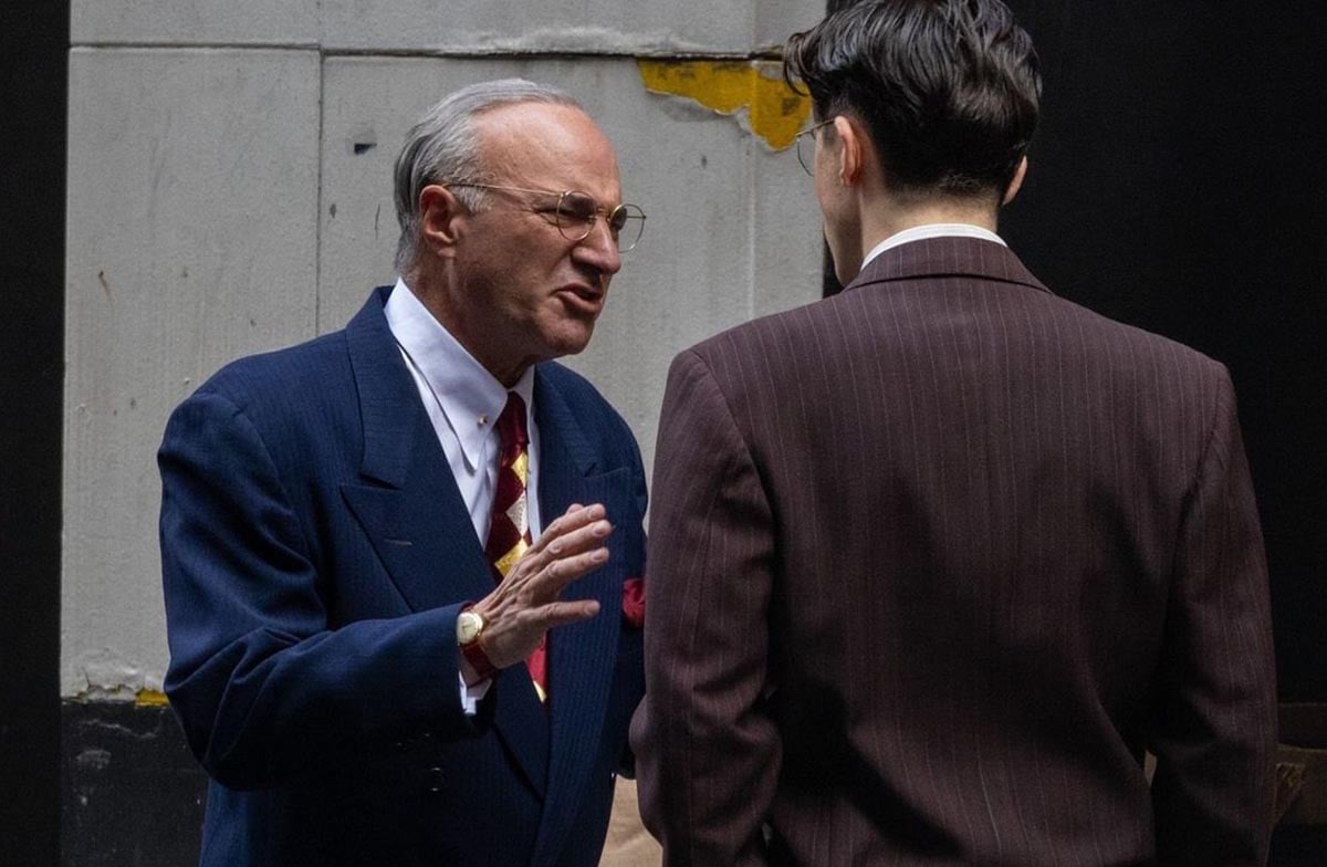 Kevin O’Leary and Timothée Chalamet on the set of Marty Supreme