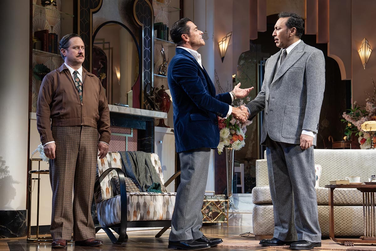 Christopher Fitzgerald as Willy Banbury, Mark Consuelos as Maurice Duclos, and Aasif Mandvi as Fred Sterroll in Fallen Angels