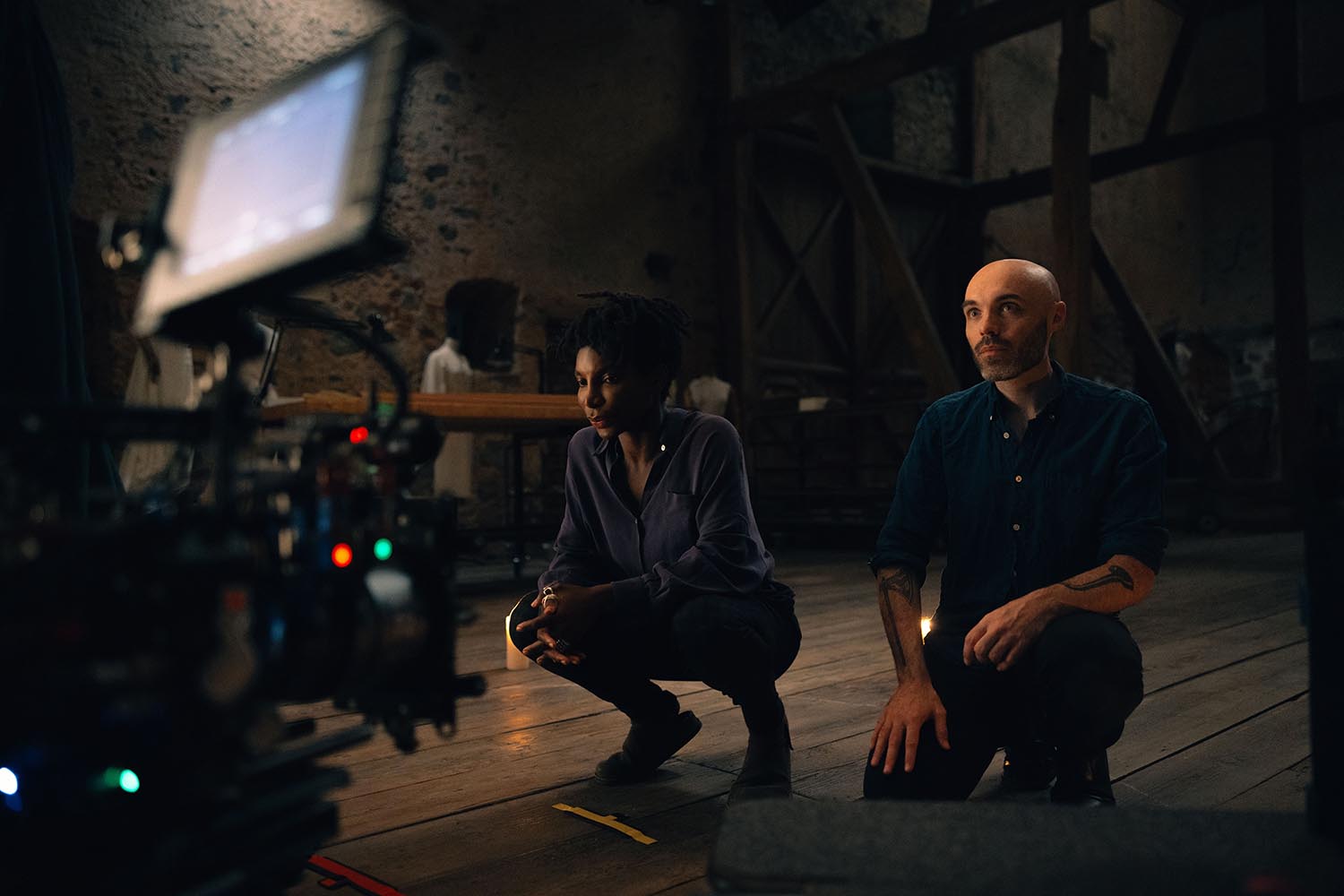 Michaela Coel and David Lowery on the set of Mother Mary