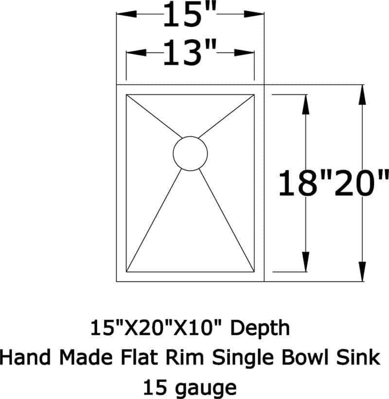 Handmade stainless steel kitchen sink with 15x20 inch size and 10-inch depth.