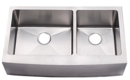 Stainless steel double kitchen sink with two basins and drain holes.