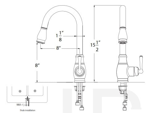 Detailed diagram of a stainless steel kitchen faucet with measurements.