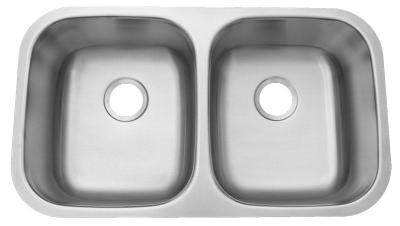 Stainless steel double kitchen sink with two basins and drain holes.