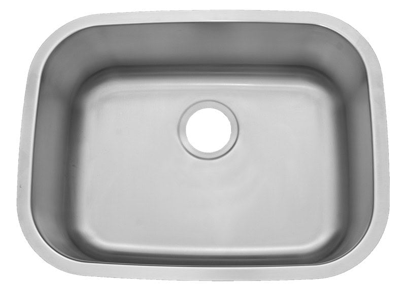 Stainless steel kitchen sink with single basin and drain hole.