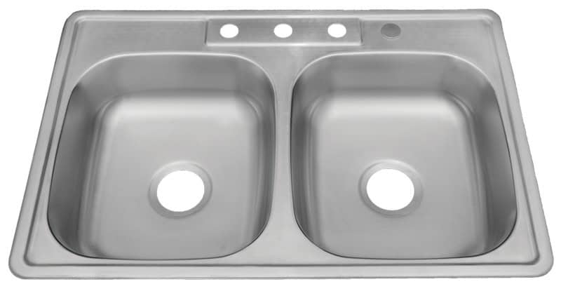 Stainless steel double kitchen sink with two basins and drain holes.