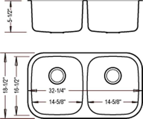 Diagram of a stainless steel double kitchen sink with measurements.