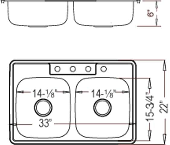 Detailed diagram of a stainless steel double kitchen sink with measurements.