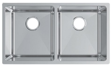Stainless steel double basin kitchen sink with drain holes and polished finish.