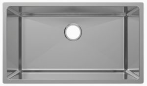 Stainless steel kitchen sink with drain hole and sleek design.