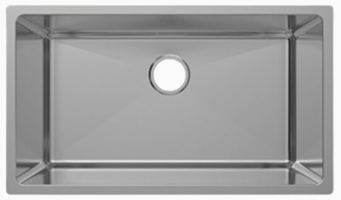 Stainless steel kitchen sink with drain hole and sleek design.