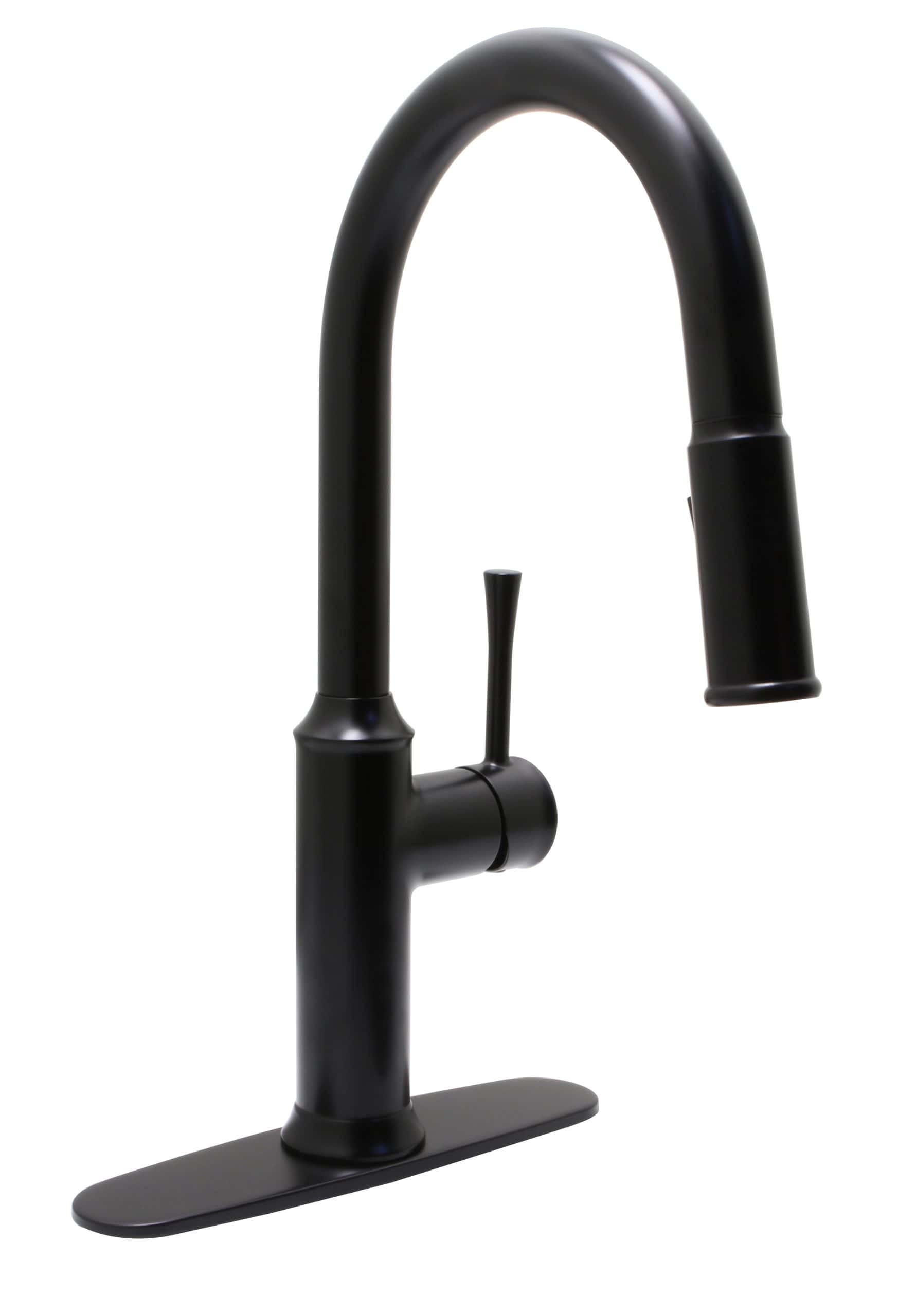 Black kitchen faucet with high-arc spout for stainless steel sinks.