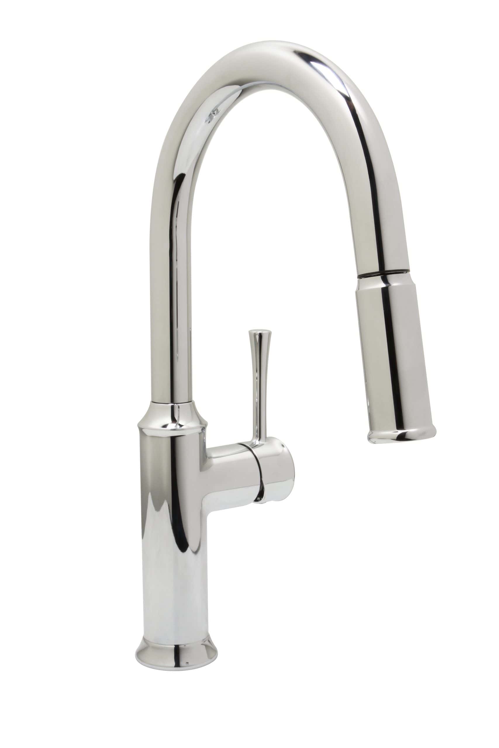 Polished stainless steel kitchen faucet with high-arc spout and single handle.