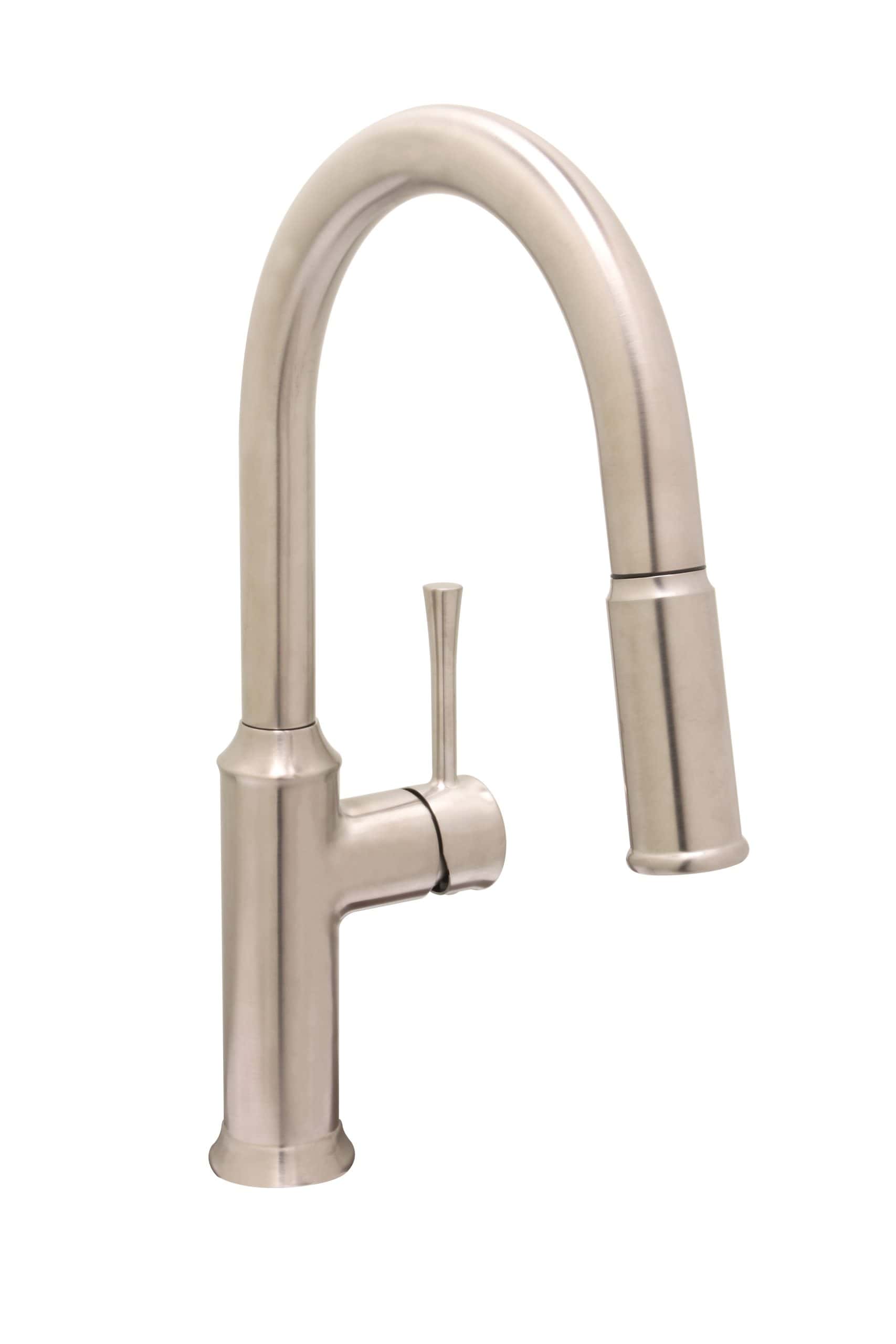 Stainless steel kitchen faucet with high arc and single handle for easy use.