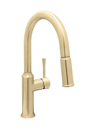 Brushed nickel kitchen faucet with high-arc spout and single handle.