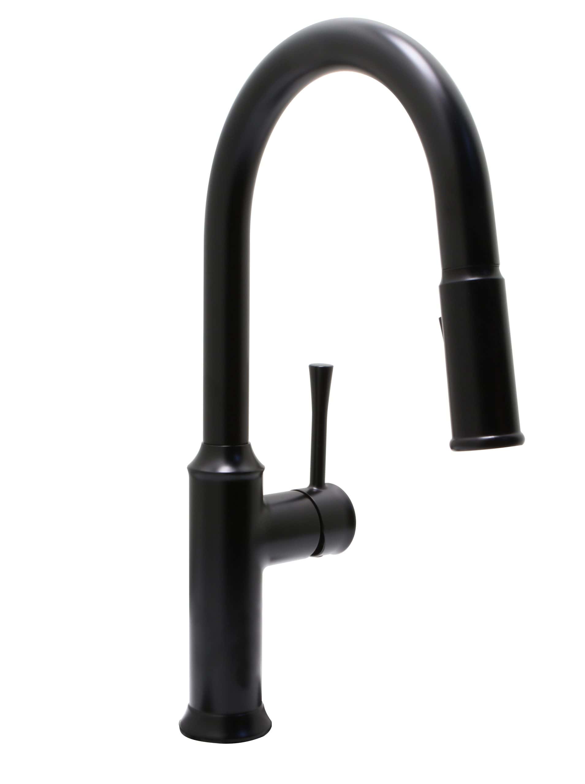 Black kitchen faucet with high-arc spout for stainless steel sinks.