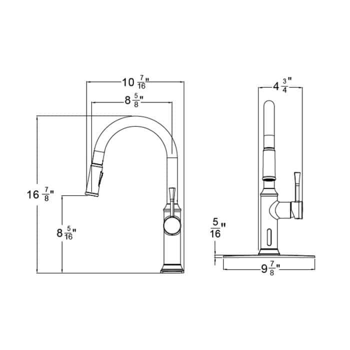 Technical drawing of a stainless steel kitchen sink faucet with dimensions.