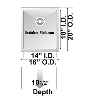 Diagram showing stainless steel sink with 18" I.D., 20" O.D., 14" I.D., 16" O.D., and 10 1/2" depth.
