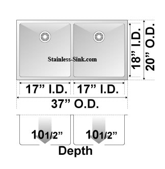 Double basin stainless steel kitchen sink with 37-inch overall width.