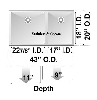 Double bowl stainless steel kitchen sink with detailed measurements.