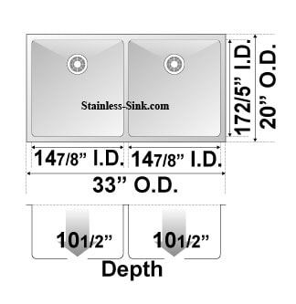 Diagram of stainless steel kitchen sink with measurements and installation details.