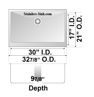 Kitchen sink with 30-inch inner diameter and 21-inch outer diameter.