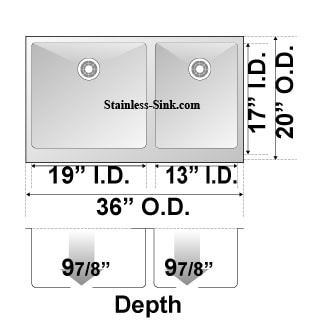 Double basin stainless steel kitchen sink with dimensions and depth details.