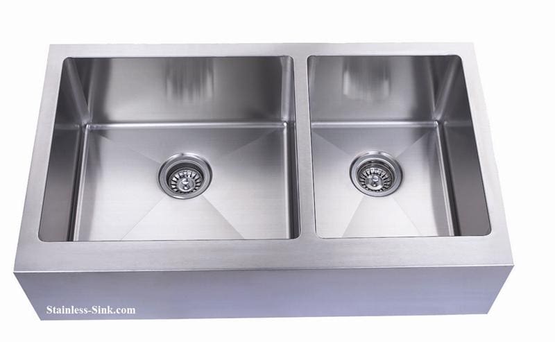 Stainless steel double kitchen sink with two basins and drain openings.