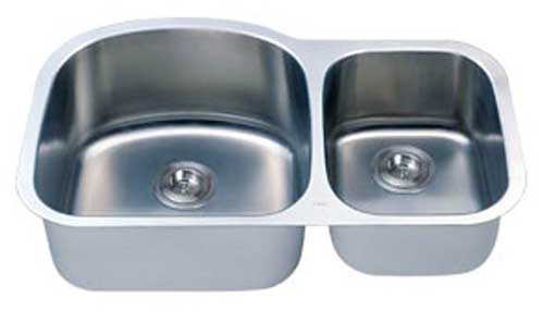 Stainless steel double kitchen sink with two basins for versatile use.