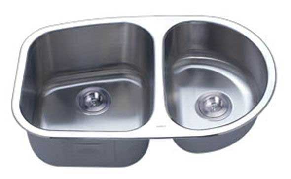Stainless steel double kitchen sink with two basins and drain openings.
