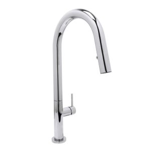 Modern stainless steel kitchen faucet with high arc design and single handle.