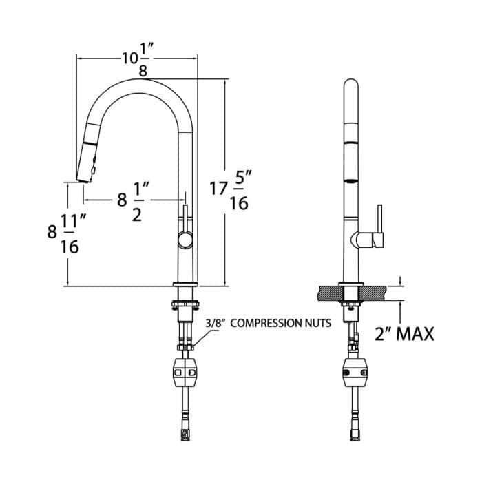 Technical drawing of a stainless steel kitchen faucet with dimensions and installation details.