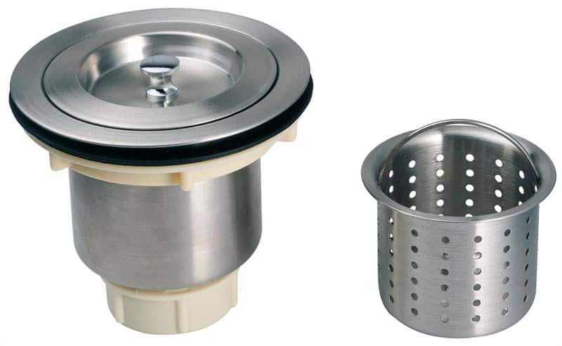 Stainless steel sink strainer basket with retractable bin for kitchen sinks.