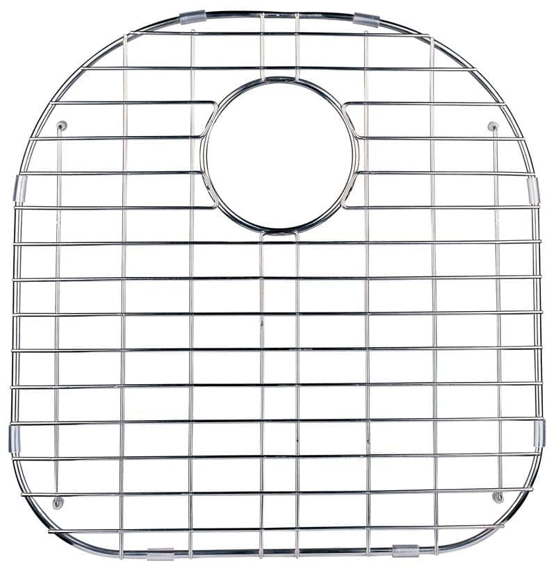 Stainless steel sink grid with circular cutout for drain.