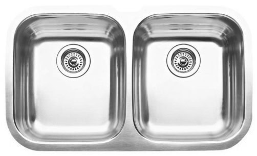 Stainless steel double kitchen sink with drain holes and polished finish.