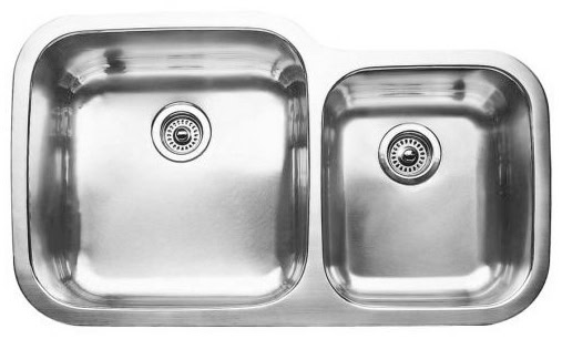 Double basin stainless steel kitchen sink with drain in each basin.