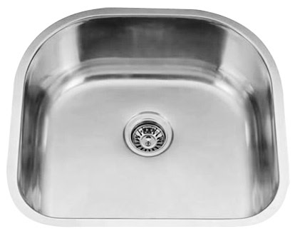 Stainless steel undermount kitchen sink with single bowl design.