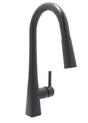 Sleek black kitchen faucet with high-arc spout for stainless steel sinks.