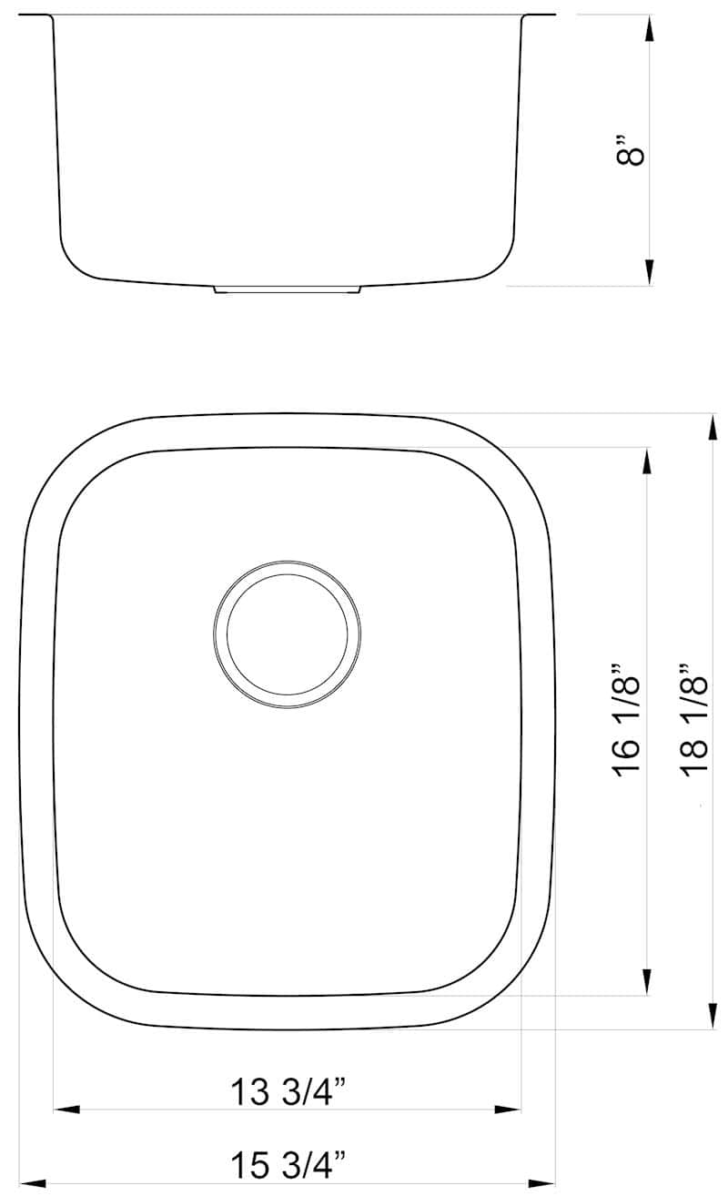 Diagram of a stainless steel kitchen sink with dimensions and layout.